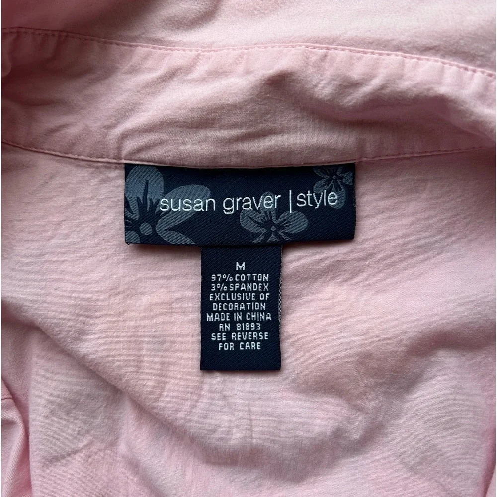 Susan Graver Women’s Western Shirt Sz L | Pink w Floral Embroidery Snaps